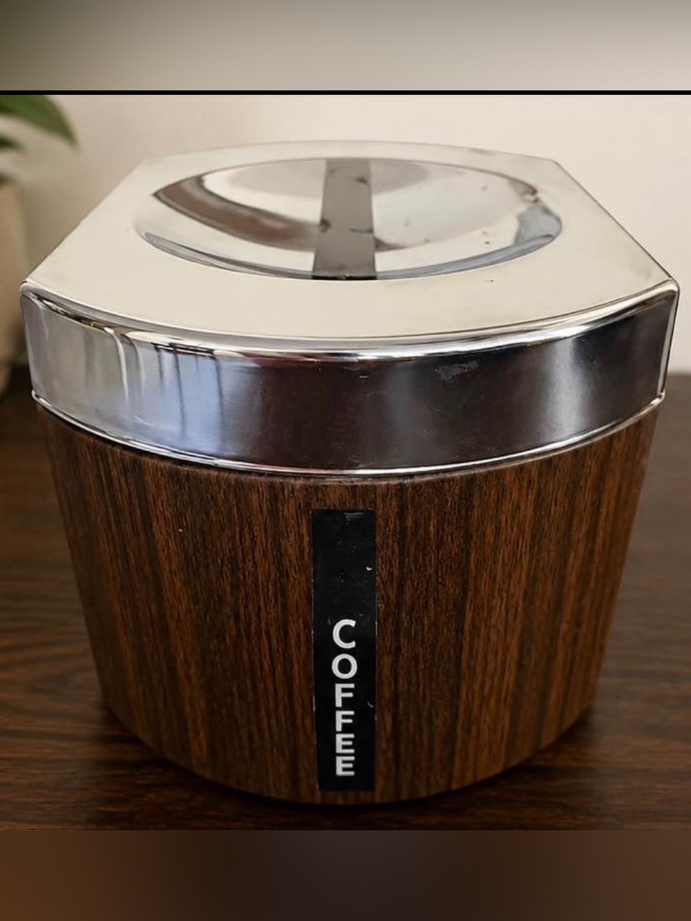 Vintage Kromex Palisand Coffee Canister | Mid-Century Modern Faux Wood & Chrome